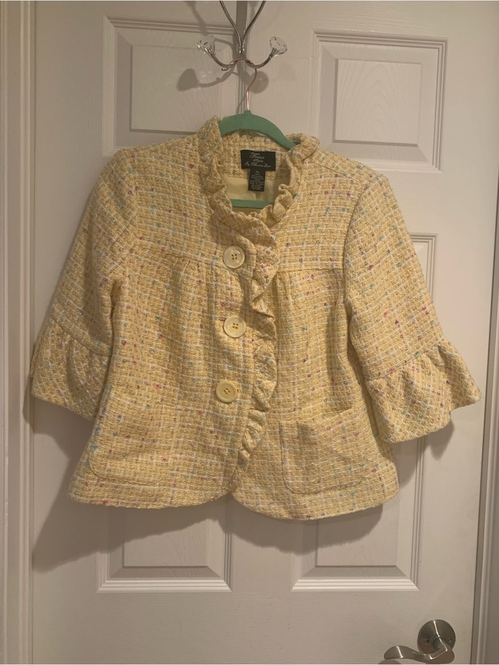 Trenz Petite by Theresa Renz Pale Yellow Tweed Ruffle-Trim Jacket